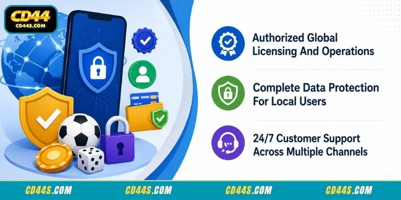 About CD44 the official interface showcasing secure login options and licensed global certificates for secure mobile entertainment