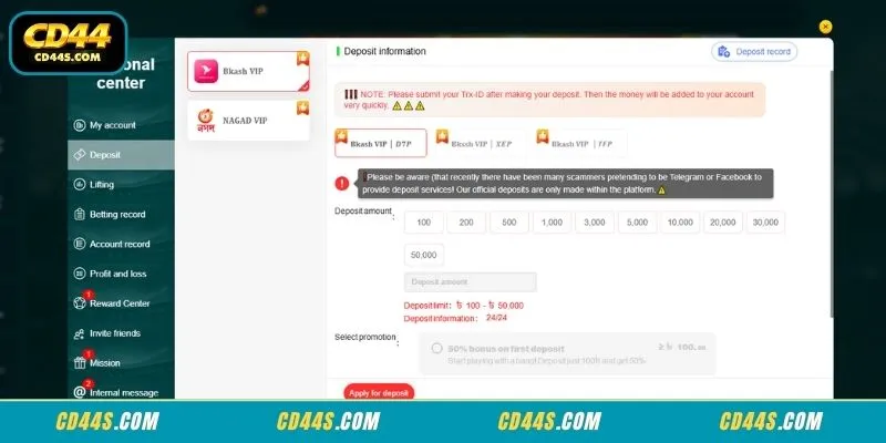 Verified options available inside the official CD44 Deposit menu